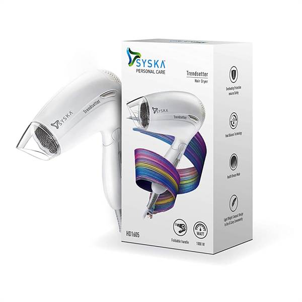 Syska HD1605 Hair Dryer with 1000 Watt, 2 Speed Setting, 2 Heat Setting- White